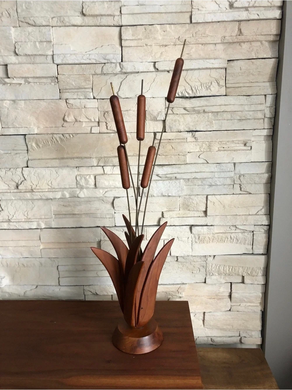 Stunning Rare Mid Century Modern Teak and Brass Cattail Sculpture - Picture 2 of 6